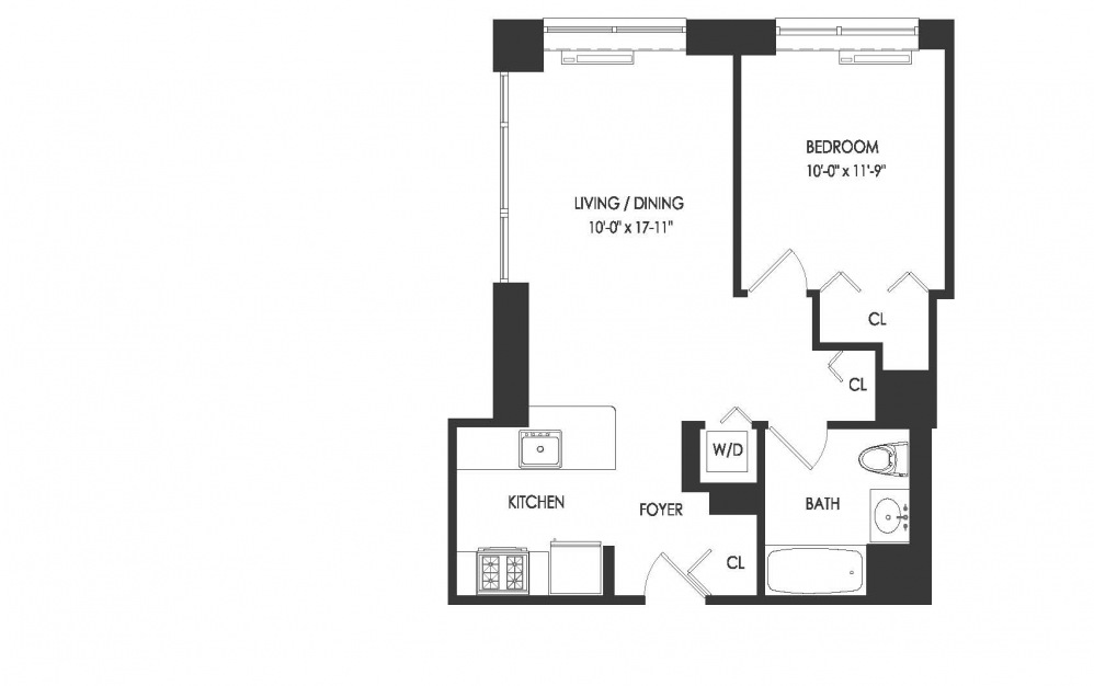 Apt FW - 1 bedroom floorplan layout with 1 bath and 622 square feet.