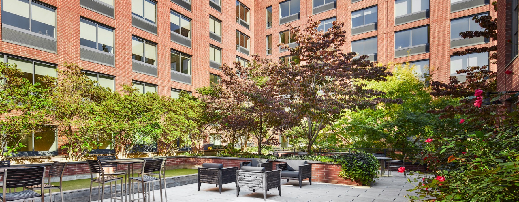 Brooklyn NY Apartments for Rent-50 North 5th Apartments Brick Courtyard With Multiple Seating Areas And Surrounding Trees